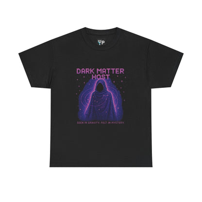Black Dark Matter Host physics T-shirt, pixel-art dark matter design, front view