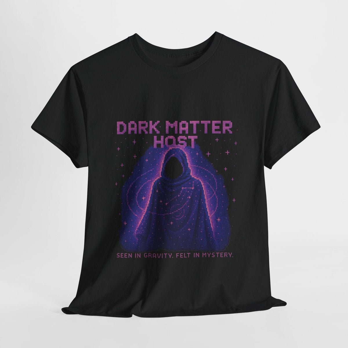 Black Dark Matter Host physics T-shirt, pixel-art dark matter design, front view