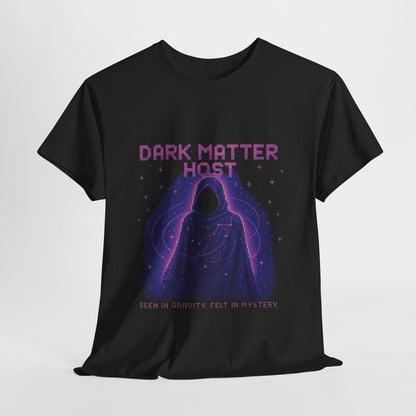 Black Dark Matter Host physics T-shirt, pixel-art dark matter design, front view