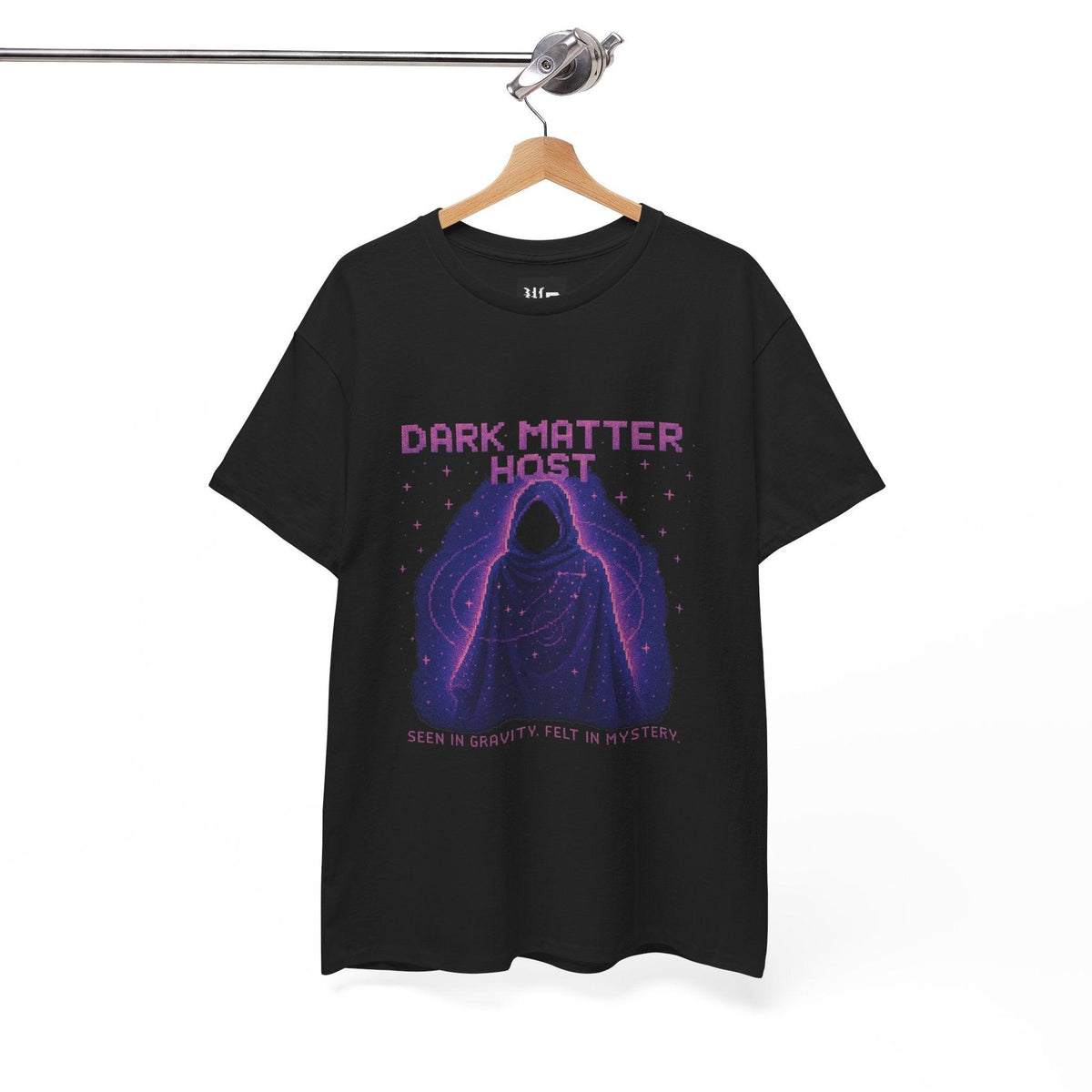 Black Dark Matter Host physics T-shirt, pixel-art dark matter design, on a hanger