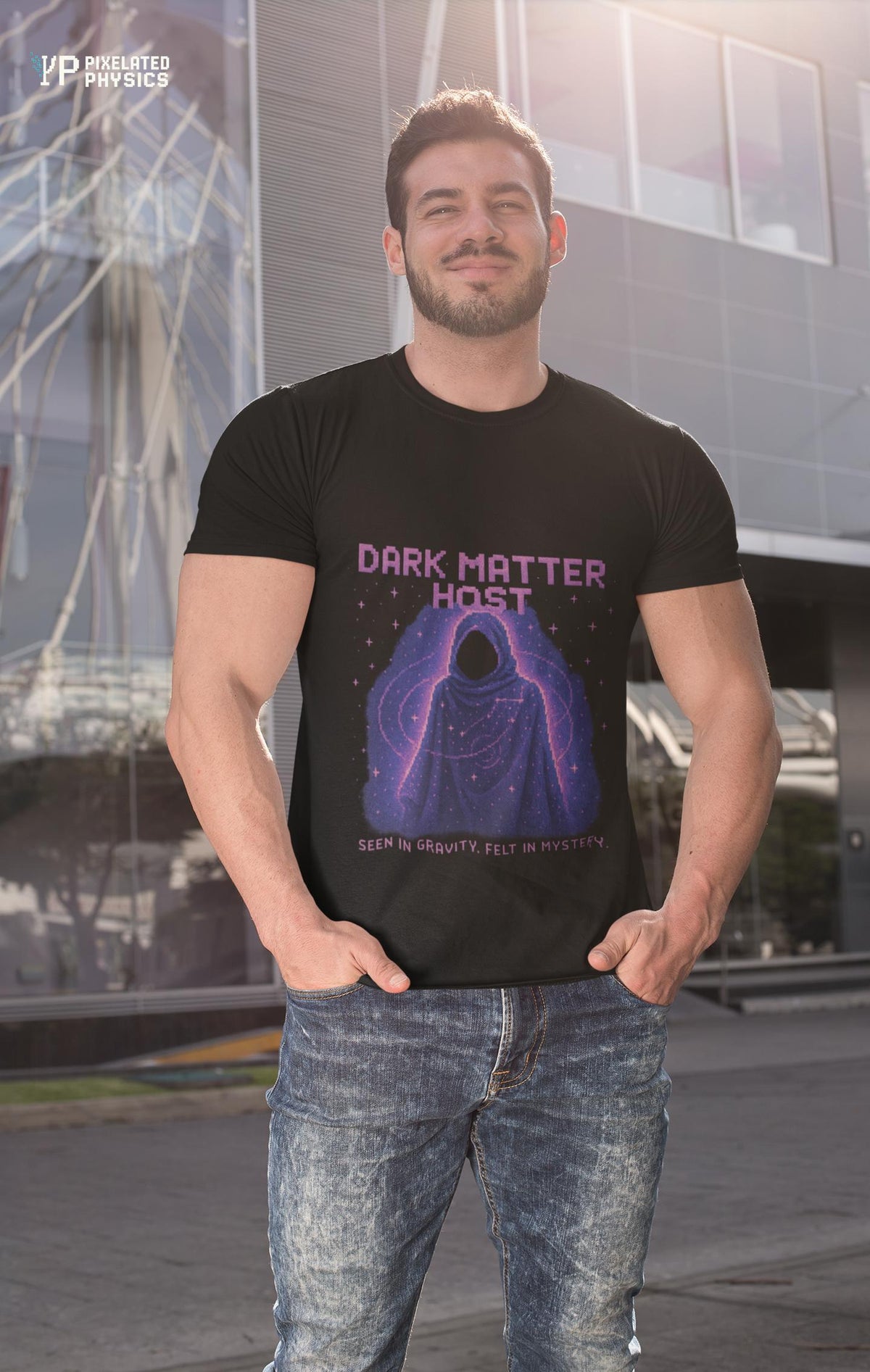 Black Dark Matter Host physics T-shirt, pixel-art dark matter design, worn by a man