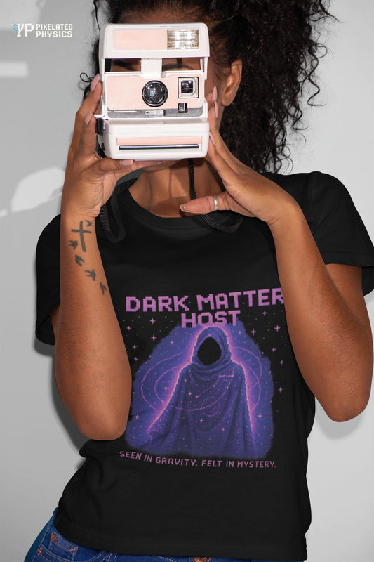 Black Dark Matter Host physics T-shirt, pixel-art dark matter design, worn by a woman with a camera