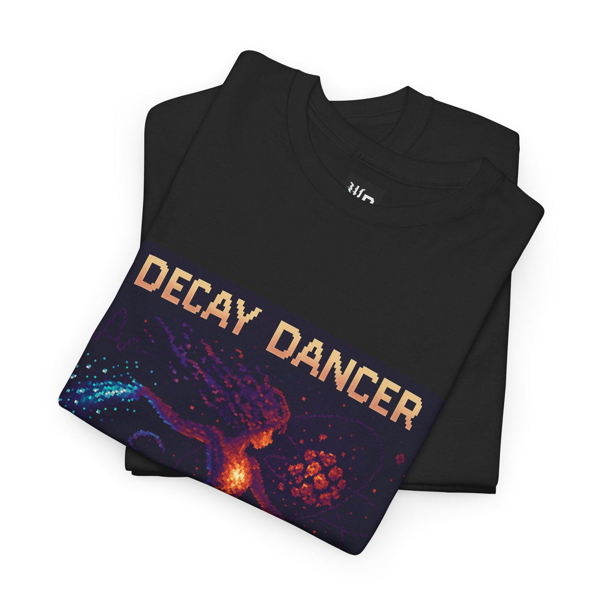 Black Decay Dancer physics T-shirt, pixel-art beta decay design, folded