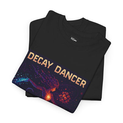 Black Decay Dancer physics T-shirt, pixel-art beta decay design, folded