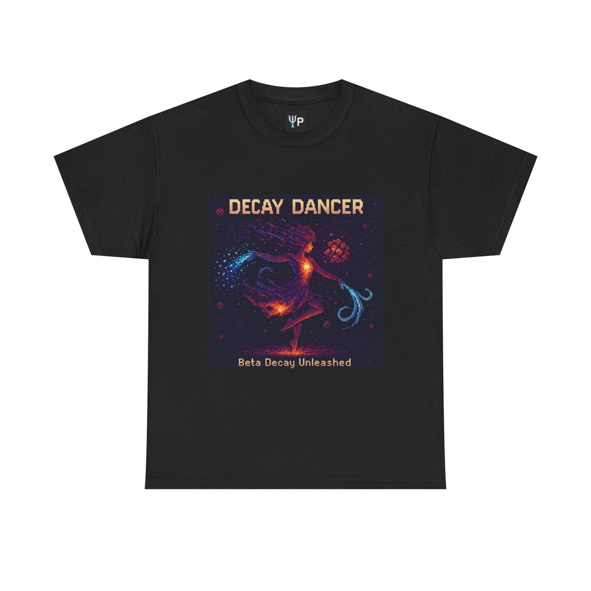 Black Decay Dancer physics T-shirt, pixel-art beta decay design, front view