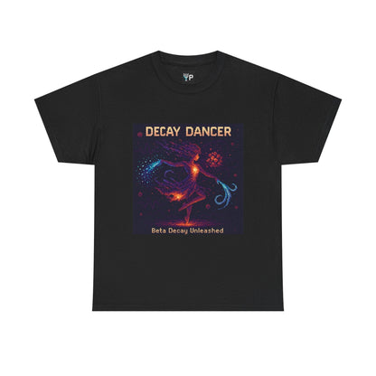Black Decay Dancer physics T-shirt, pixel-art beta decay design, front view