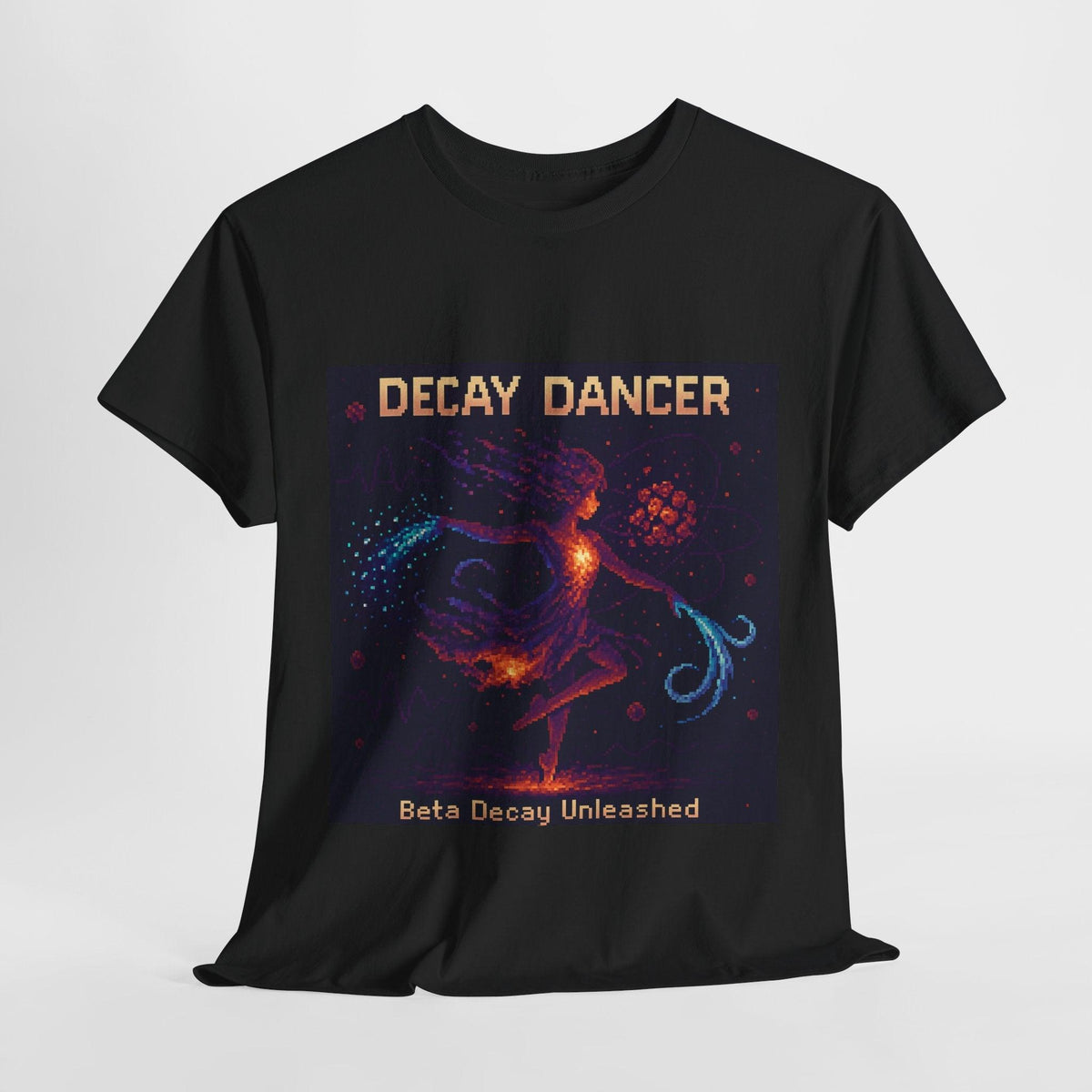 Black Decay Dancer physics T-shirt, pixel-art beta decay design, front view