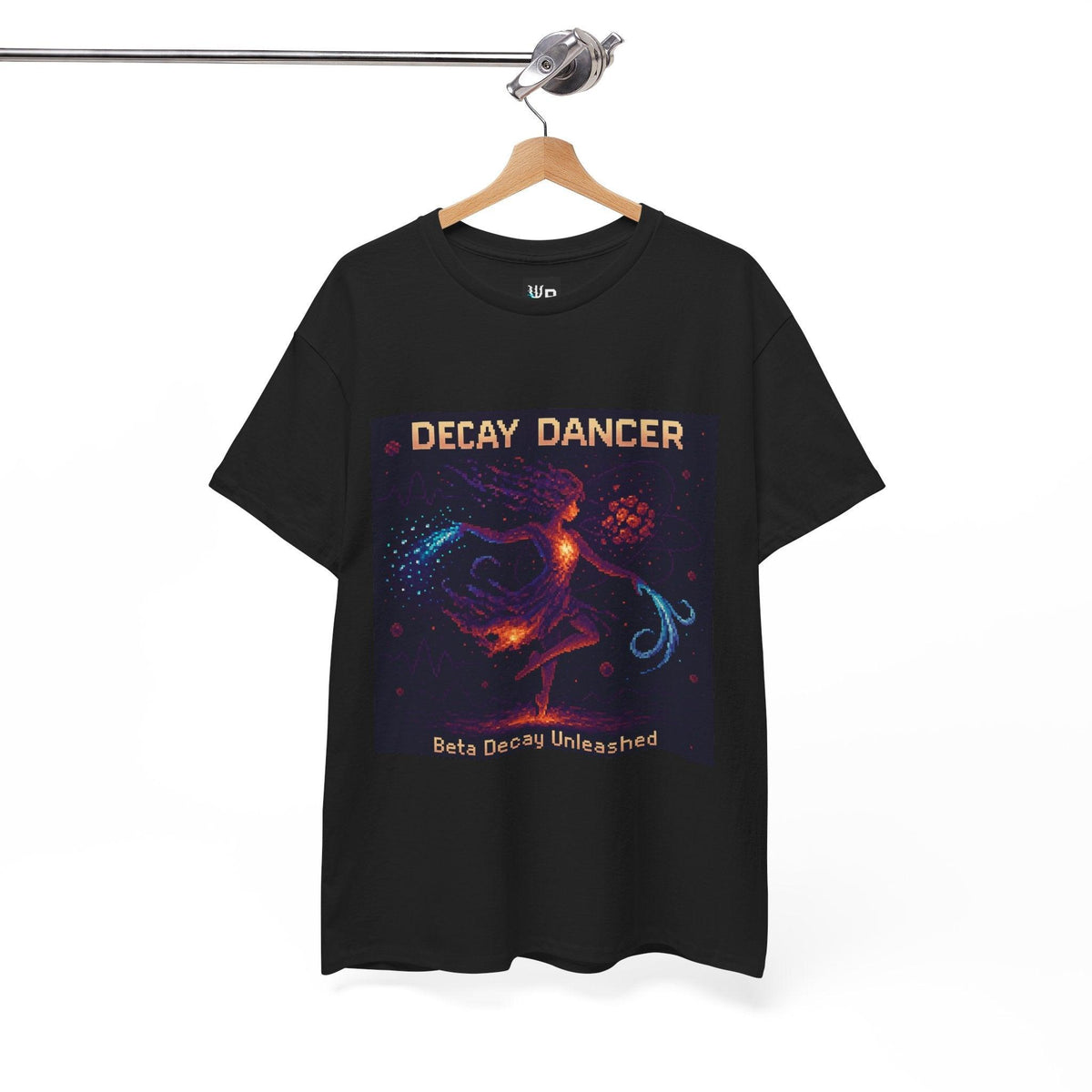 Black Decay Dancer physics T-shirt, pixel-art beta decay design, on a hanger
