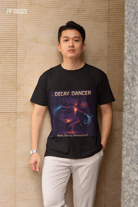 Black Decay Dancer physics T-shirt, pixel-art beta decay design, worn by a man