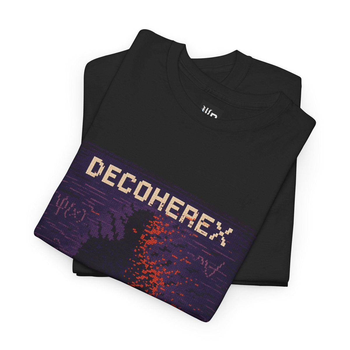 Black Decoherex physics T-shirt, pixel-art quantum decoherence design, folded
