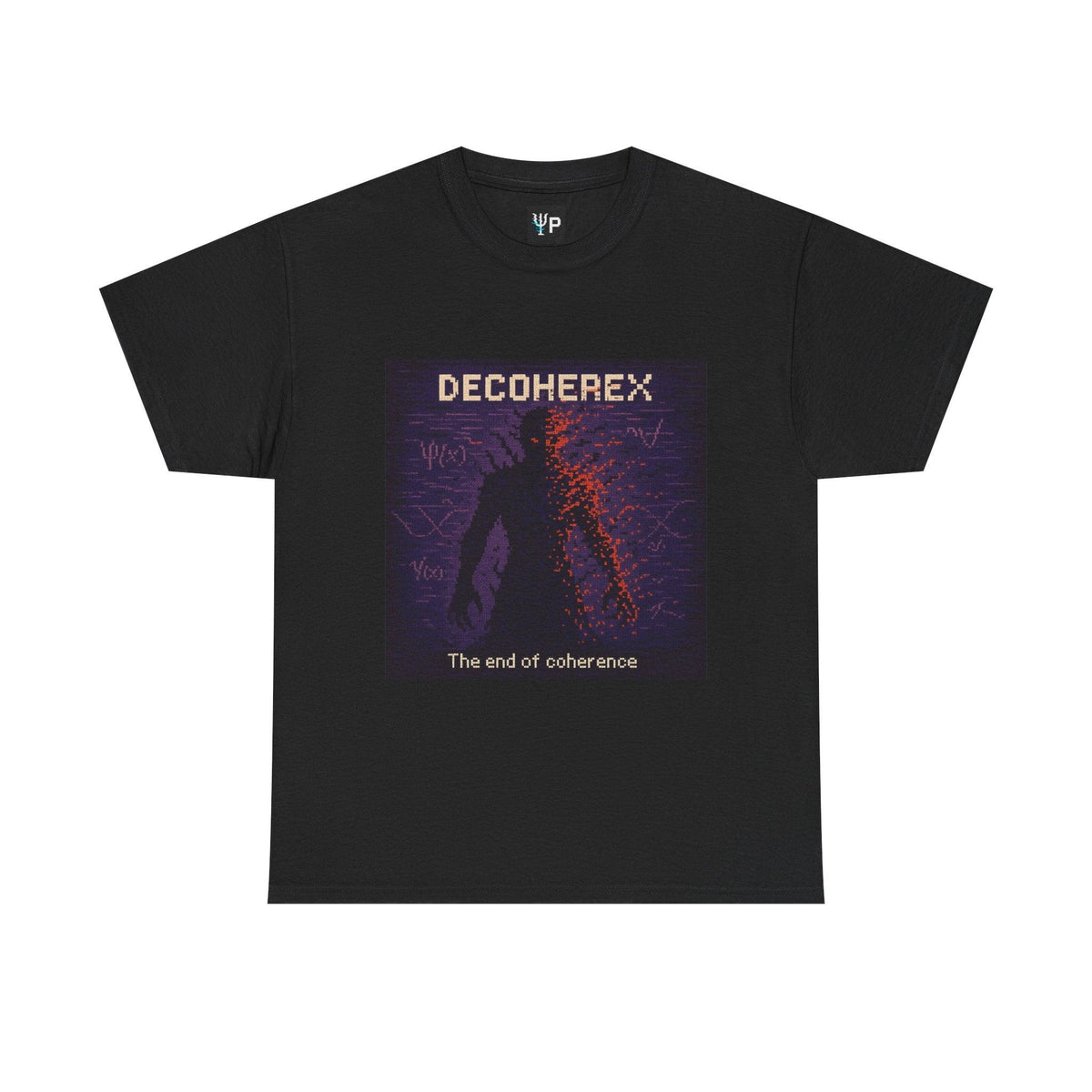 Black Decoherex physics T-shirt, pixel-art quantum decoherence design, front view