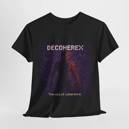 Black Decoherex physics T-shirt, pixel-art quantum decoherence design, front view