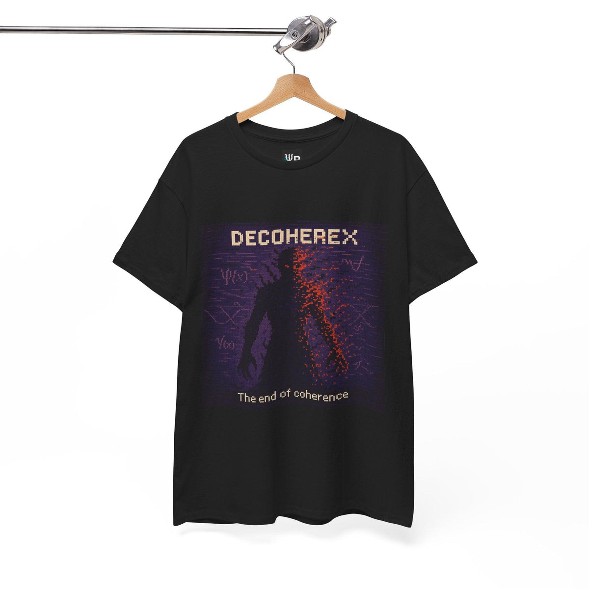 Black Decoherex physics T-shirt, pixel-art quantum decoherence design, on a hanger