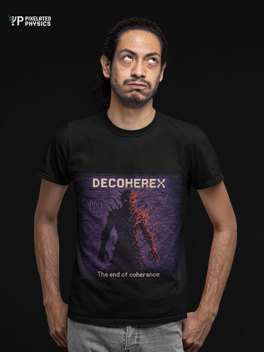 Black Decoherex physics T-shirt, pixel-art quantum decoherence design, worn by a man