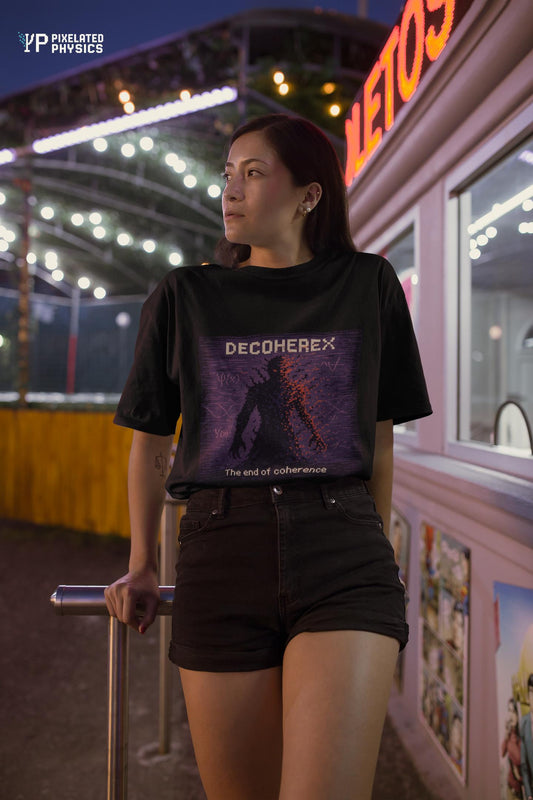 Black Decoherex physics T-shirt, pixel-art quantum decoherence design, worn by a woman