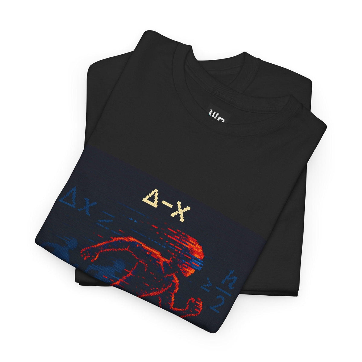Black Δ-X physics T-shirt, pixel-art Heisenberg uncertainty design, folded