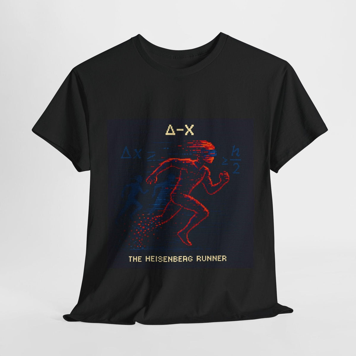 Black Δ-X physics T-shirt, pixel-art Heisenberg uncertainty design, front view