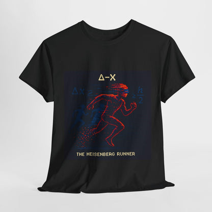 Black Δ-X physics T-shirt, pixel-art Heisenberg uncertainty design, front view