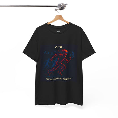 Black Δ-X physics T-shirt, pixel-art Heisenberg uncertainty design, on a hanger