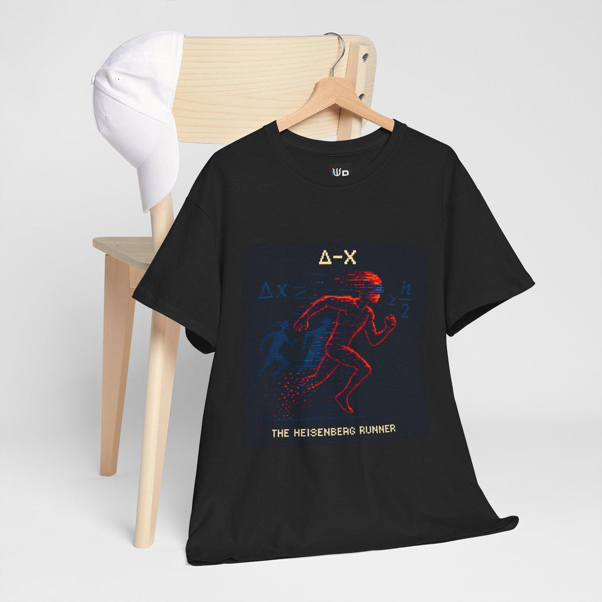 Black Δ-X physics T-shirt, pixel-art Heisenberg uncertainty design, hanging on a chair