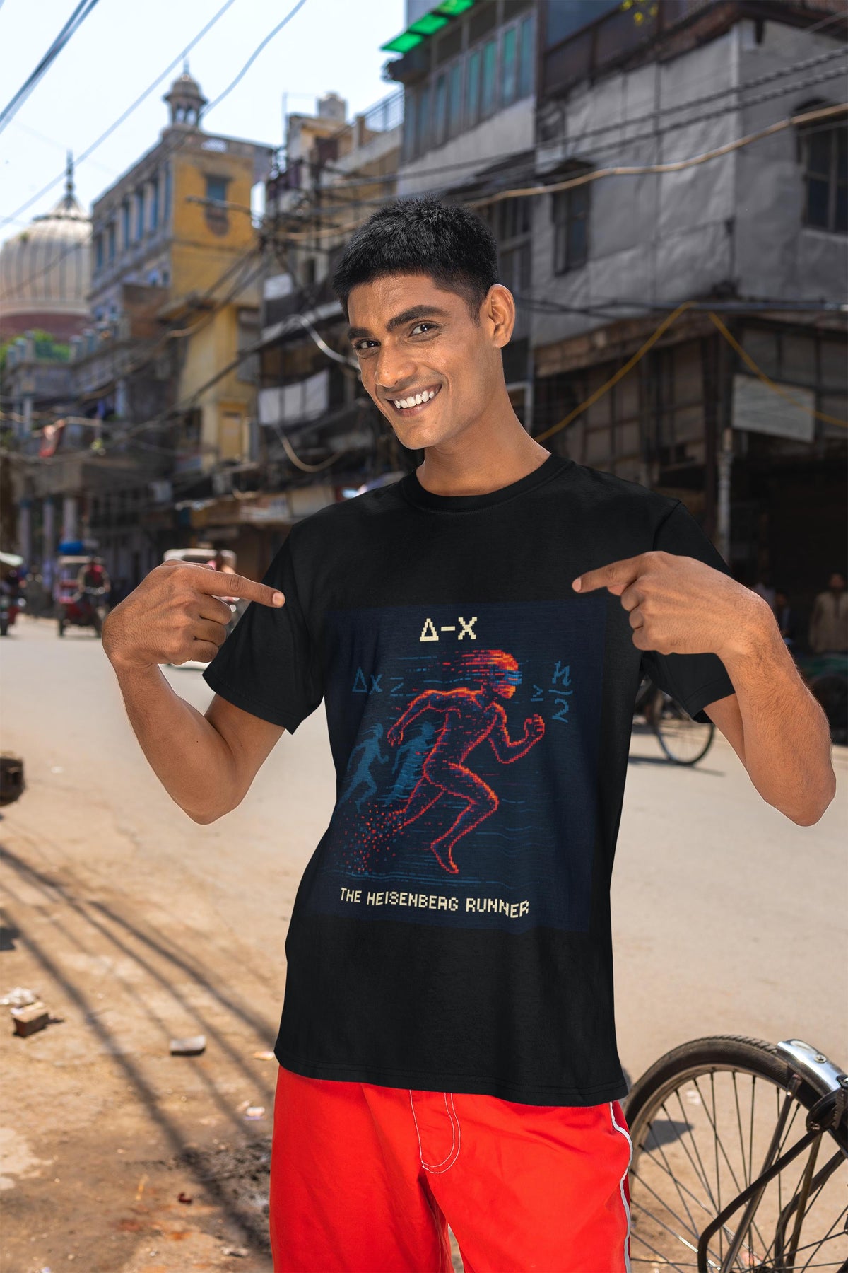 Black Δ-X physics T-shirt, pixel-art Heisenberg uncertainty design, worn by a man