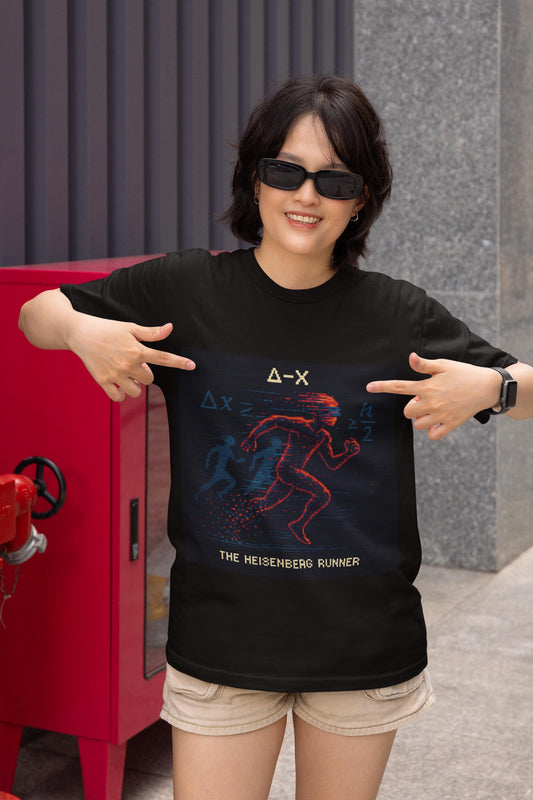 Black Δ-X physics T-shirt, pixel-art Heisenberg uncertainty design, worn by a woman