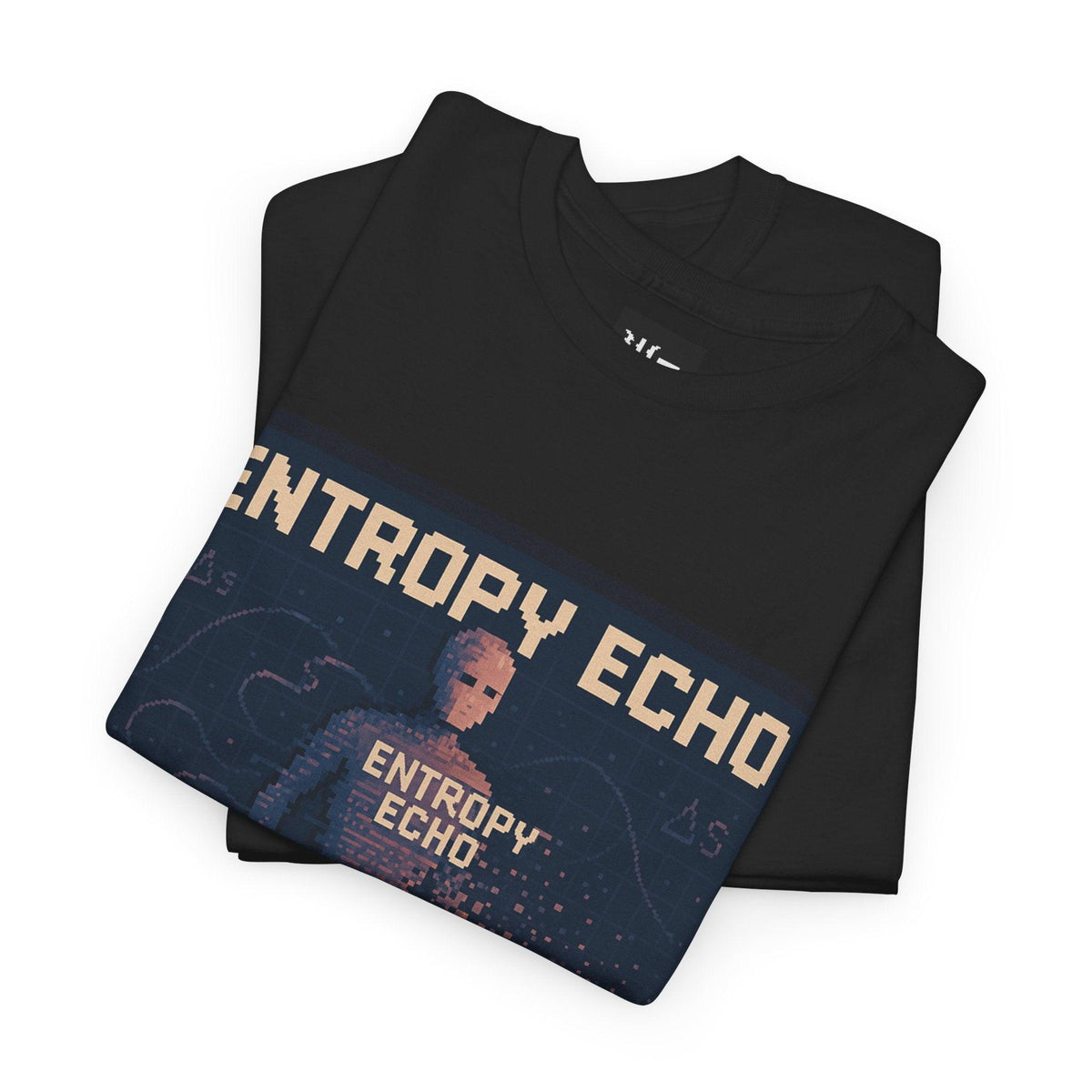 Black Entropy Echo physics T-shirt, pixel-art heat death design, folded