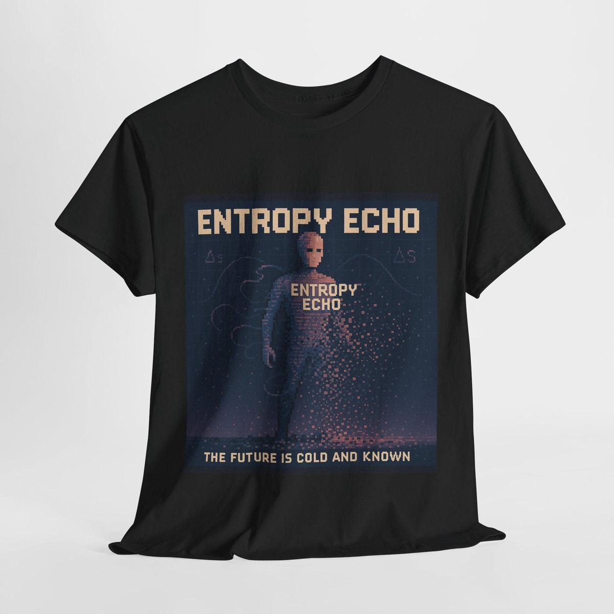 Black Entropy Echo physics T-shirt, pixel-art heat death design, front view