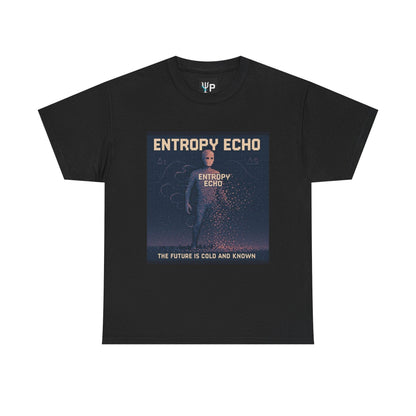 Black Entropy Echo physics T-shirt, pixel-art heat death design, front view