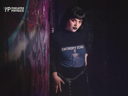 Black Entropy Echo physics T-shirt, pixel-art heat death design, worn by a woman
