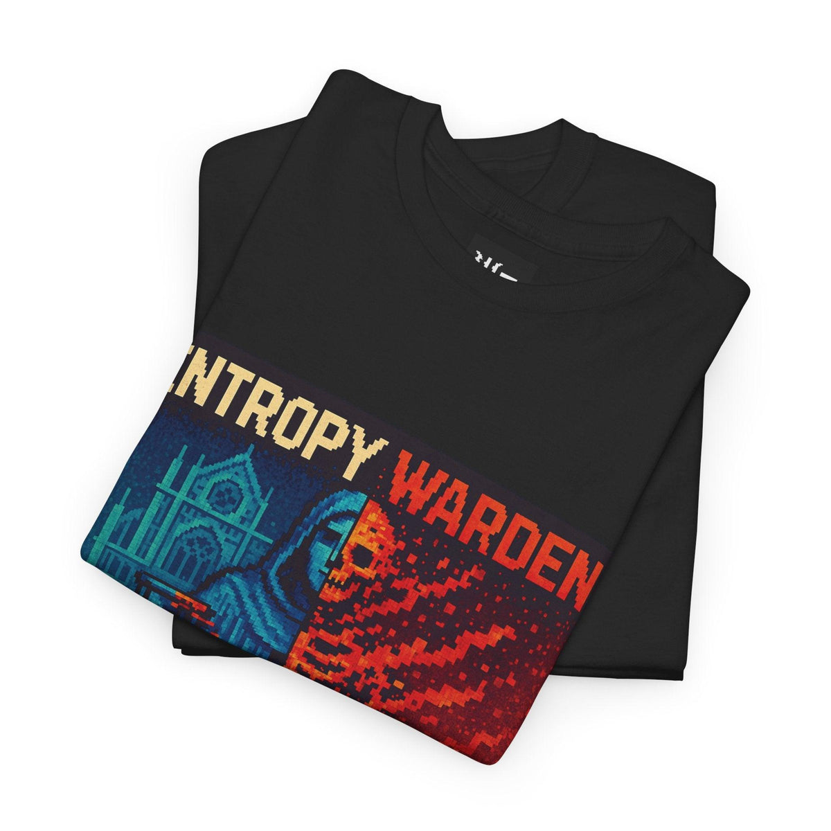 Black Entropy Warden physics T-shirt, pixel-art second law of thermodynamics design, folded