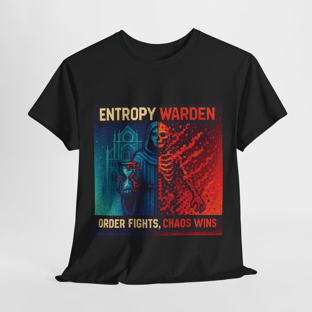 Black Entropy Warden physics T-shirt, pixel-art second law of thermodynamics design, front view