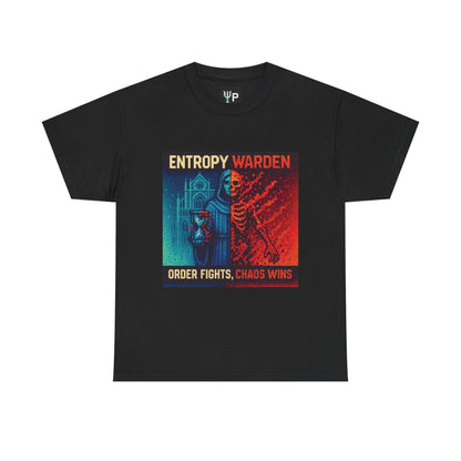 Black Entropy Warden physics T-shirt, pixel-art second law of thermodynamics design, front view