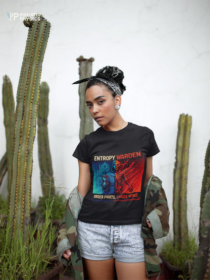 Black Entropy Warden physics T-shirt, pixel-art second law of thermodynamics design, worn by a woman