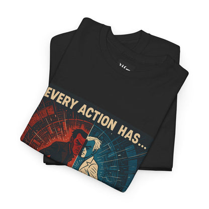 Black Every Action Has... Me physics T-shirt, pixel-art Newton’s third law design, folded