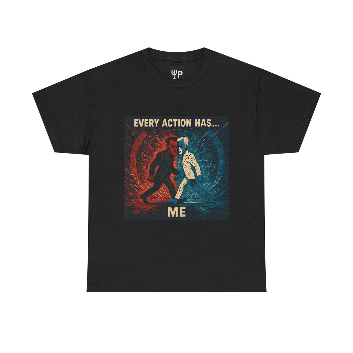 Black Every Action Has... Me physics T-shirt, pixel-art Newton’s third law design, front view