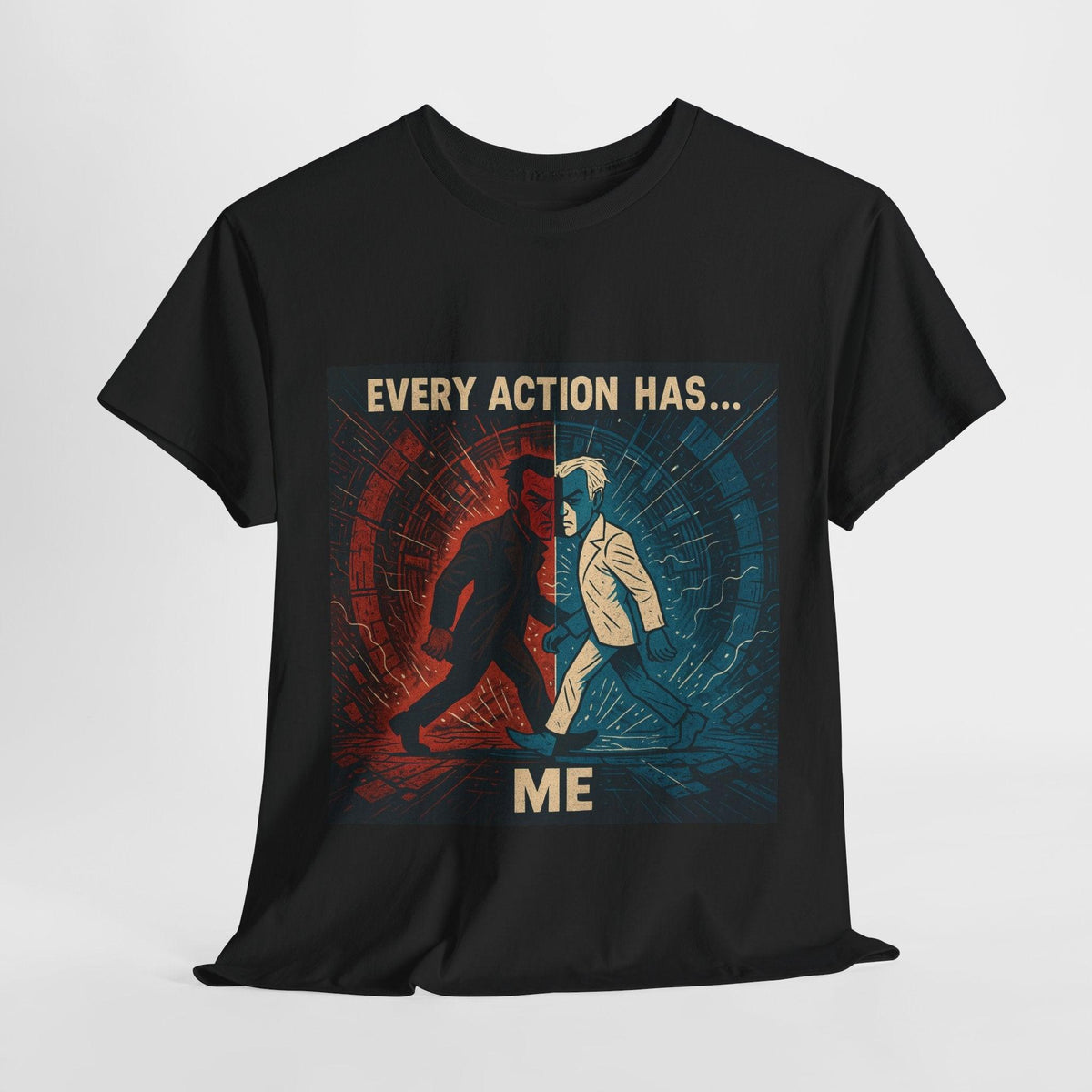 Black Every Action Has... Me physics T-shirt, pixel-art Newton’s third law design, front view