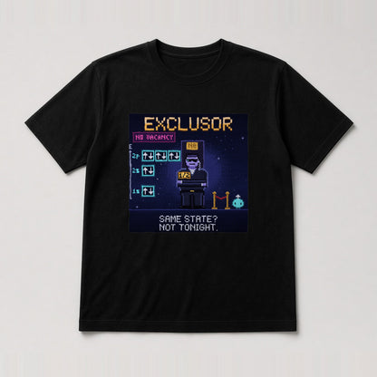 Black Exclusor physics T-shirt, pixel-art Pauli exclusion principle design, front view