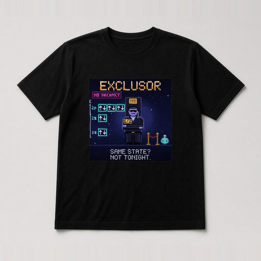 Black Exclusor physics T-shirt, pixel-art Pauli exclusion principle design, front view