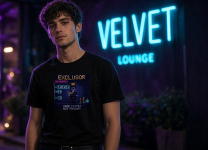 Black Exclusor physics T-shirt, pixel-art Pauli exclusion principle design, worn by a man under a neon sign