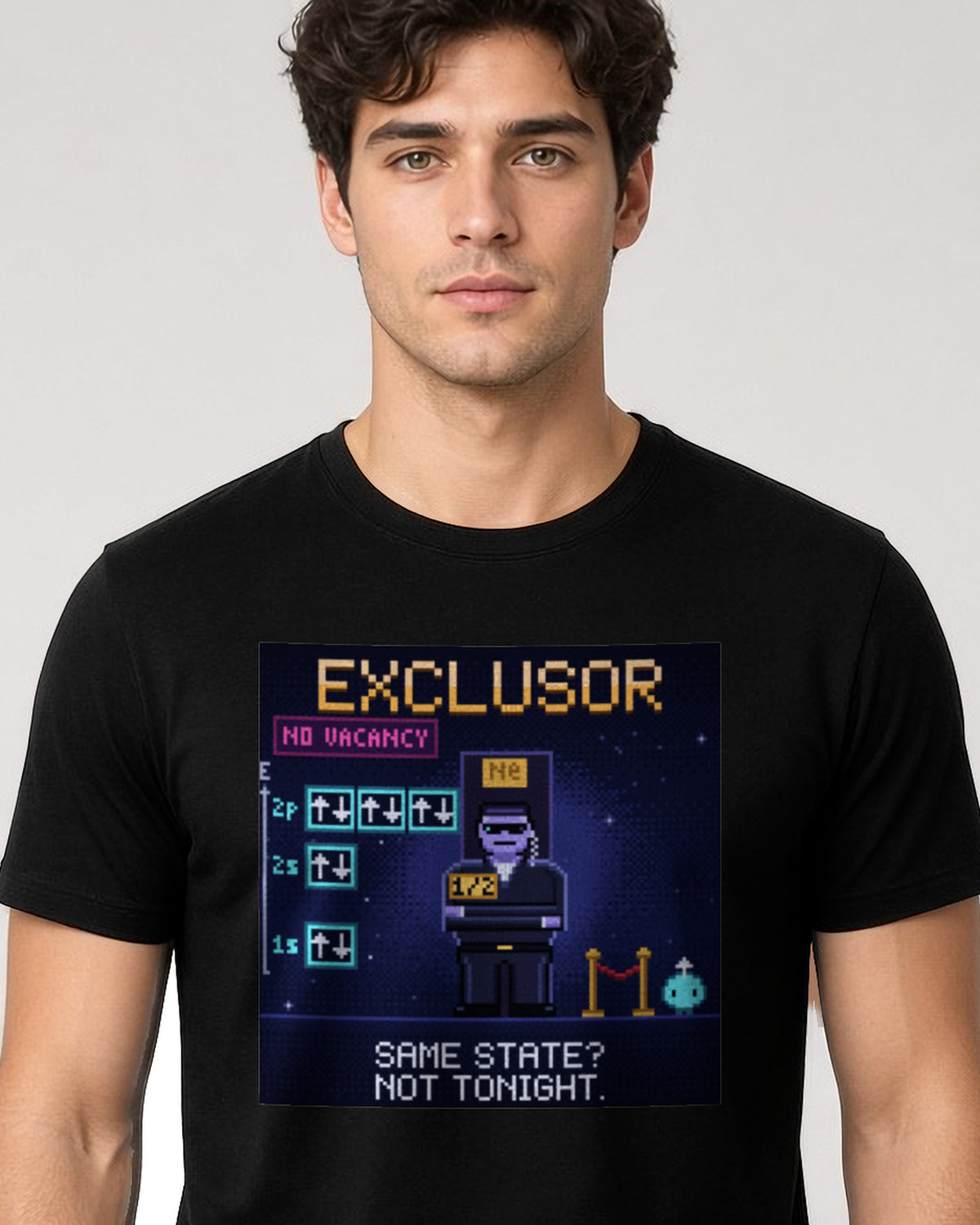 Black Exclusor physics T-shirt, pixel-art Pauli exclusion principle design, worn by a man
