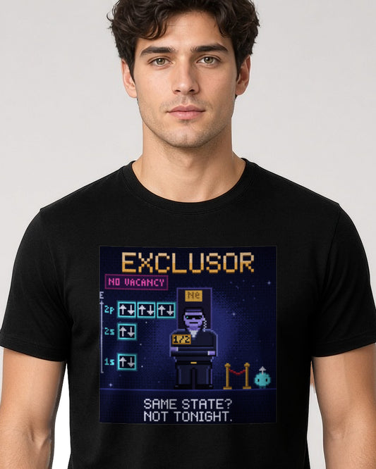 Black Exclusor physics T-shirt, pixel-art Pauli exclusion principle design, worn by a man