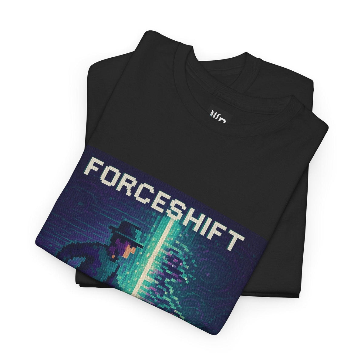 Black ForceShift physics T-shirt, pixel-art quantum tunneling design, folded