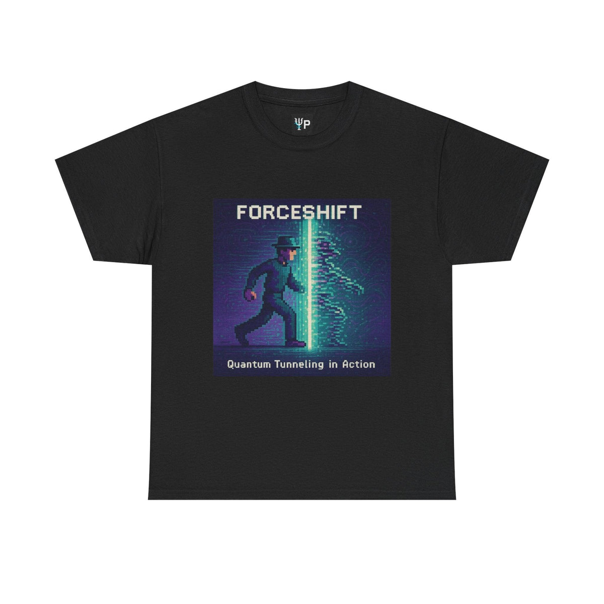 Black ForceShift physics T-shirt, pixel-art quantum tunneling design, front view