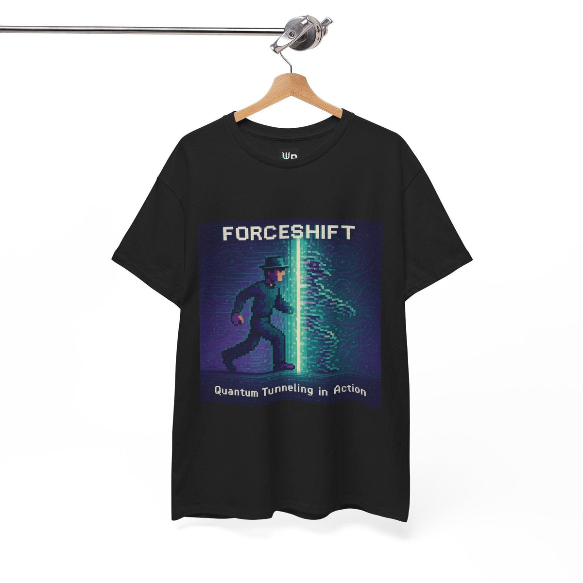 Black ForceShift physics T-shirt, pixel-art quantum tunneling design, on a hanger