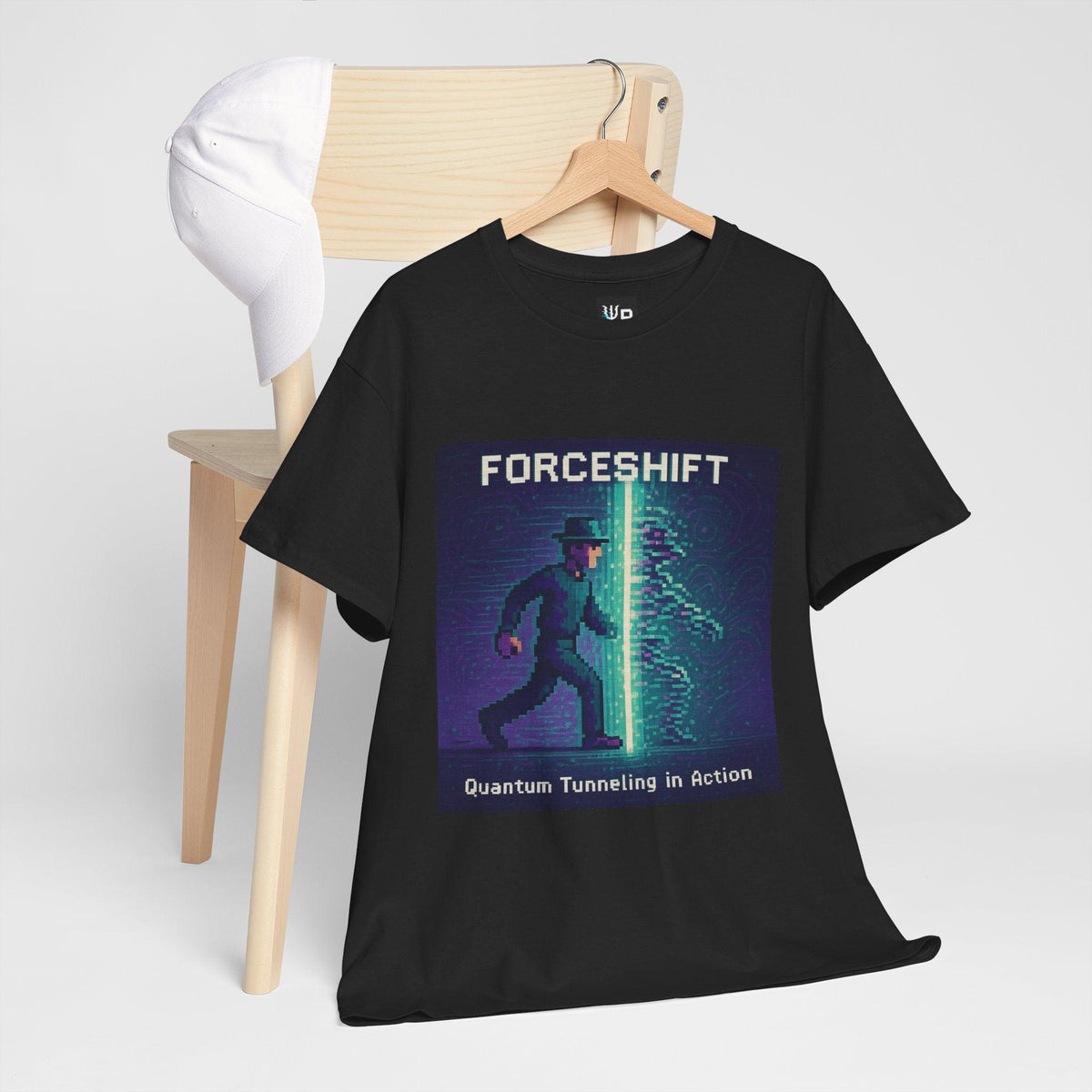 Black ForceShift physics T-shirt, pixel-art quantum tunneling design, hanging on a chair