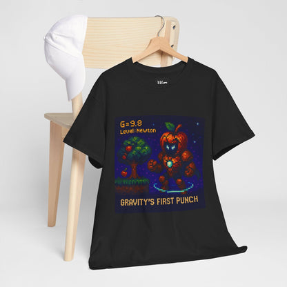 Black Gravity's First Punch physics T-shirt, pixel-art Newton’s law of gravitation design, hanging on a chair