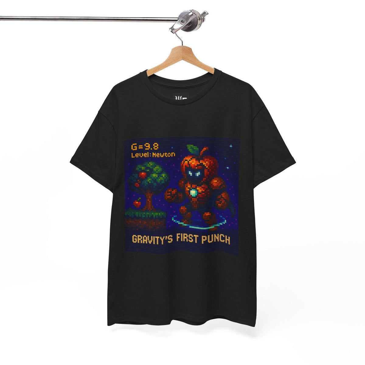 Black Gravity's First Punch physics T-shirt, pixel-art Newton’s law of gravitation design, on a hanger