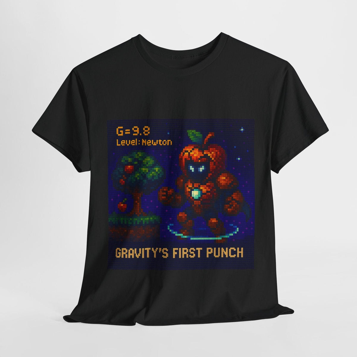 Black Gravity's First Punch physics T-shirt, pixel-art Newton’s law of gravitation design, front view