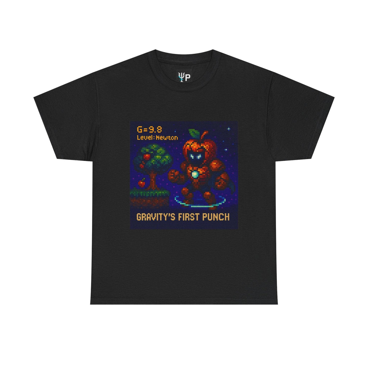 Black Gravity's First Punch physics T-shirt, pixel-art Newton’s law of gravitation design, front view